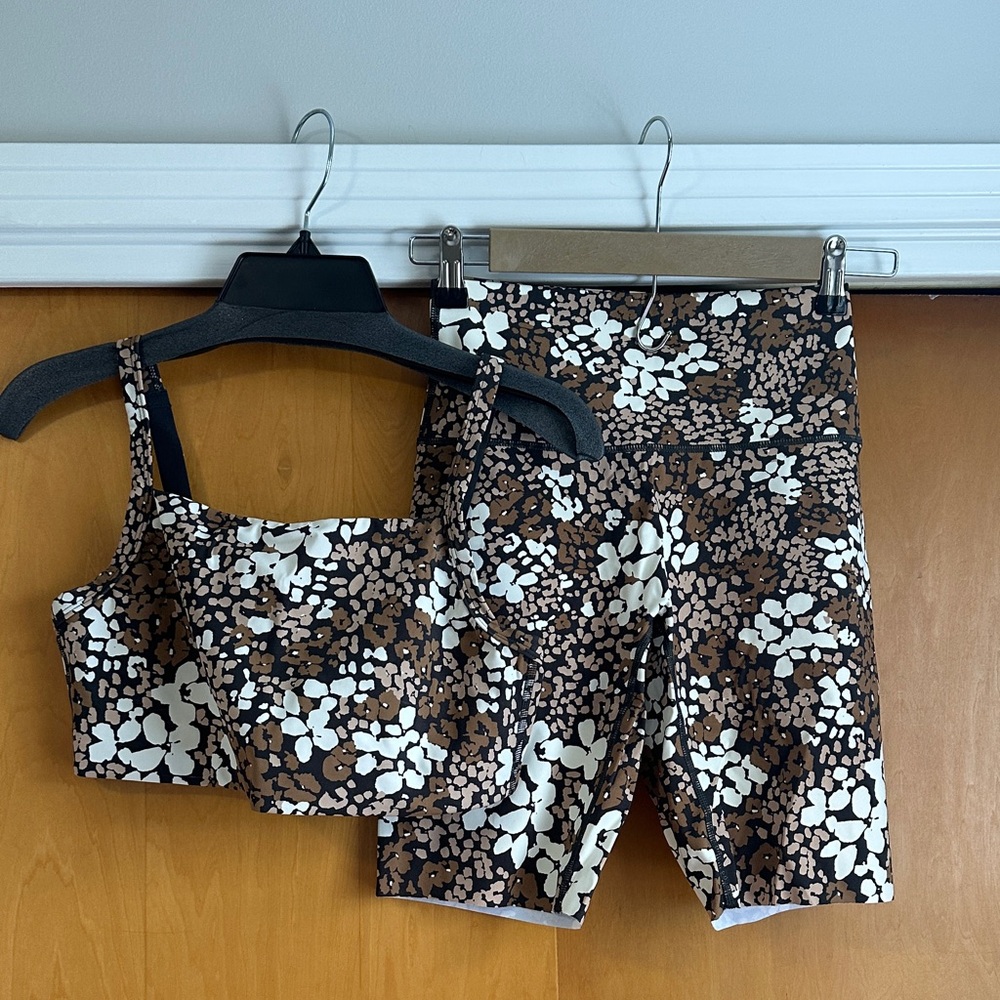 aerie Brown & White Floral Print Sports Bra and Bike Shorts Set